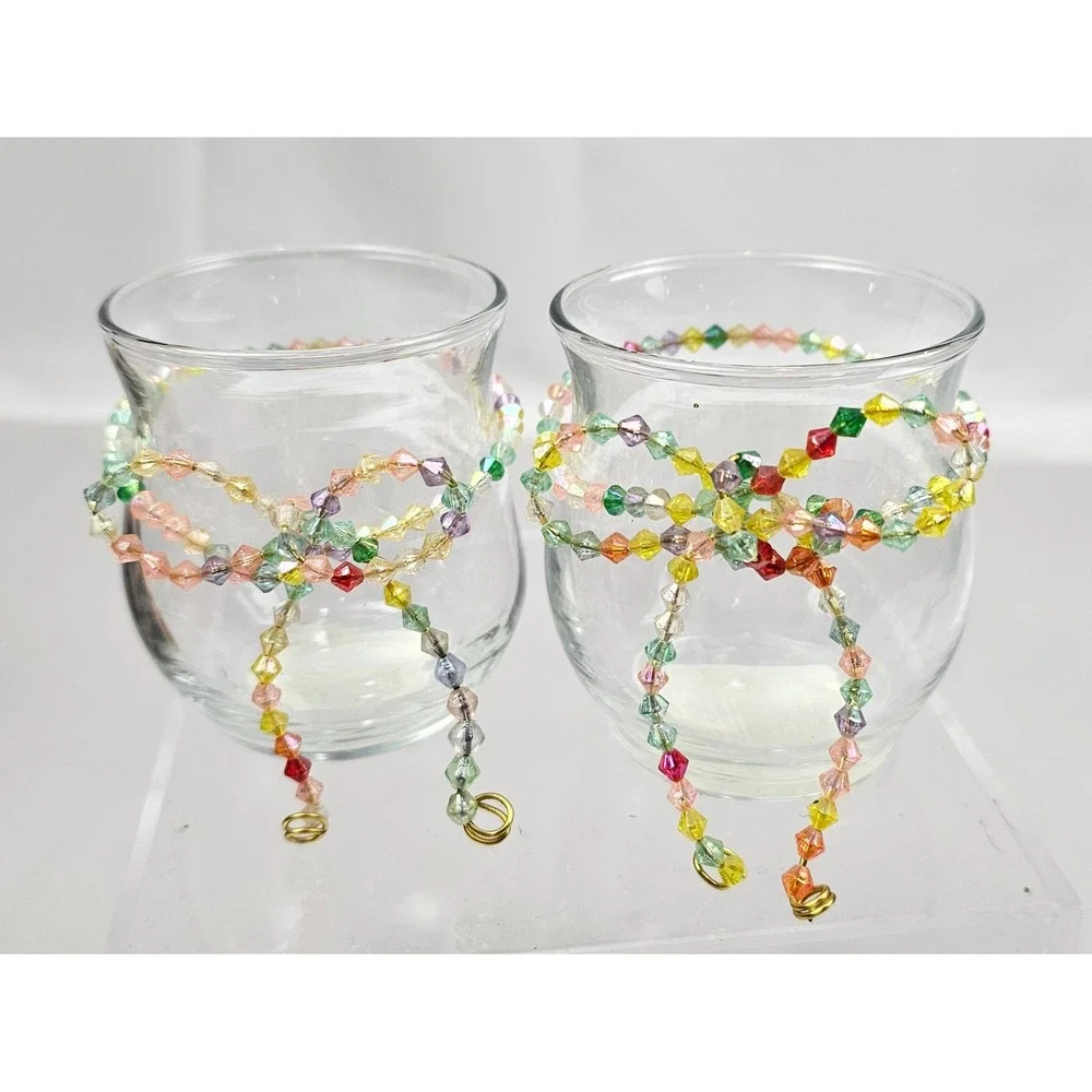 Anchor Hocking Clear Glass Votive Candle Holders Beaded Bow Set of‎ 2 88638 USA
